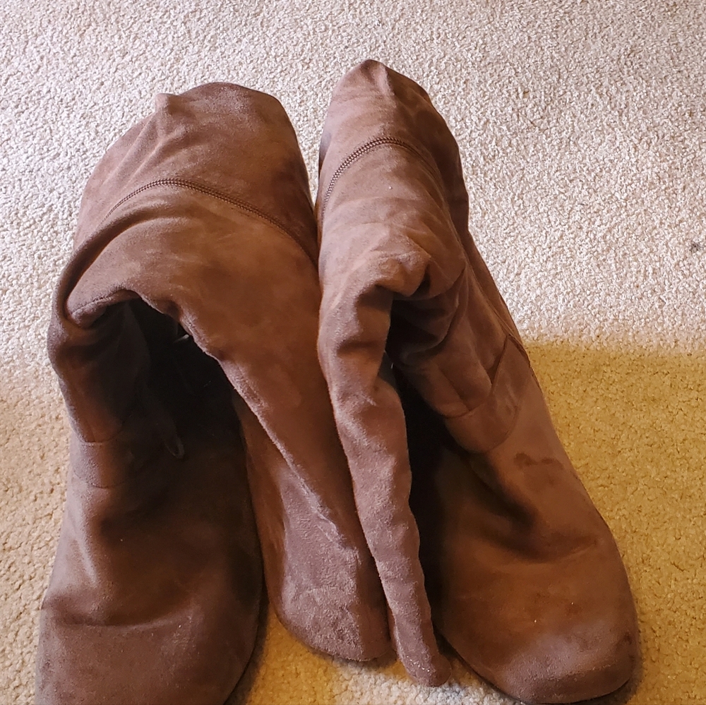 Women Brown Faux Suede Wide Calf Boots. Catherine's brand boots